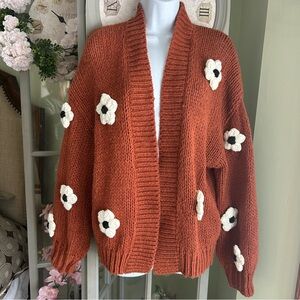 ANTHROPOLOGIE DUCHAMP The Susannah 3-D Floral Open Cardigan Sweater Rust OS
